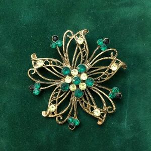Vintage Brooch with Rhinestone, Emerald Green and Peridot Colored Stones